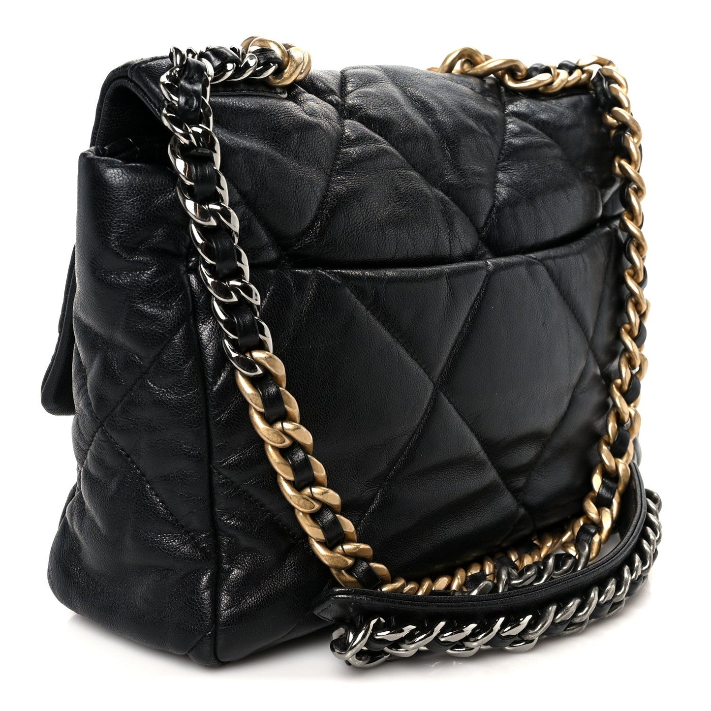 Shiny Goatskin Quilted Large Chanel 19 Flap Black