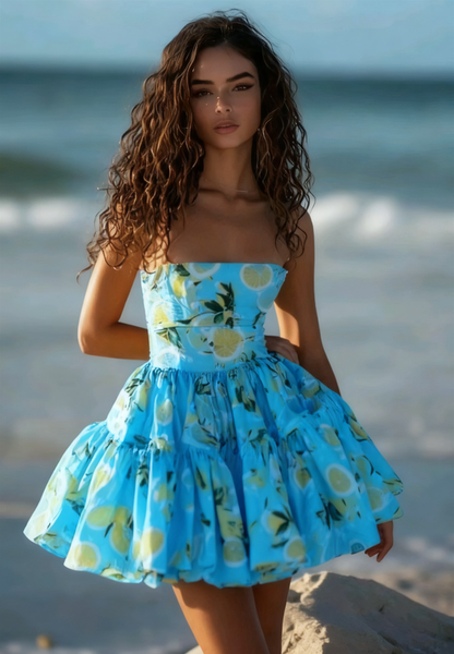 Retro Yellow Floral Tube Top Waist Puffy Skirt Homecoming Dress R3178