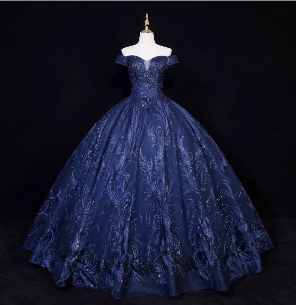 Vintage Navy Blue  Off-the-Shoulder Beaded Embroidered Tulle Prom Dress Evening Dress P4680