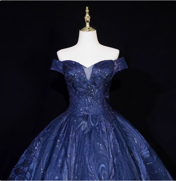 Vintage Navy Blue  Off-the-Shoulder Beaded Embroidered Tulle Prom Dress Evening Dress P4680