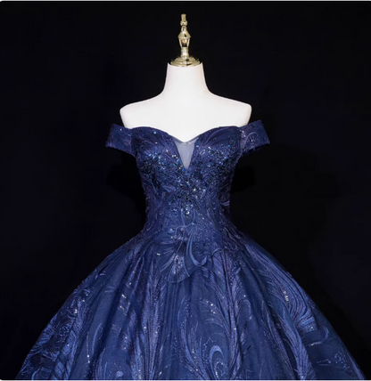 Vintage Navy Blue  Off-the-Shoulder Beaded Embroidered Tulle Prom Dress Evening Dress P4680