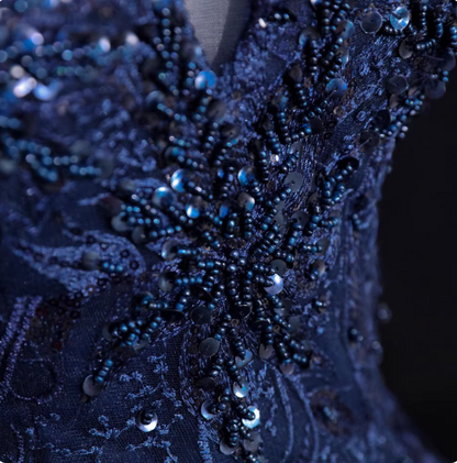 Vintage Navy Blue  Off-the-Shoulder Beaded Embroidered Tulle Prom Dress Evening Dress P4680