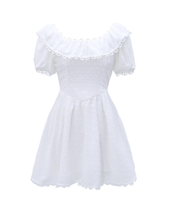 2025 new white short skirt women's French square neck puff sleeve dress waist slimming R0119