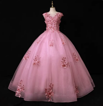 Sweet Princess Pink Crew Neck Embroidered Tulle Long Prom Dress Evening Dress P4681