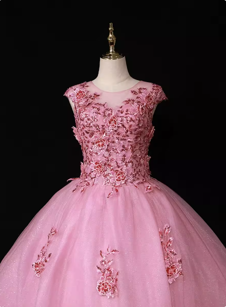 Sweet Princess Pink Crew Neck Embroidered Tulle Long Prom Dress Evening Dress P4681