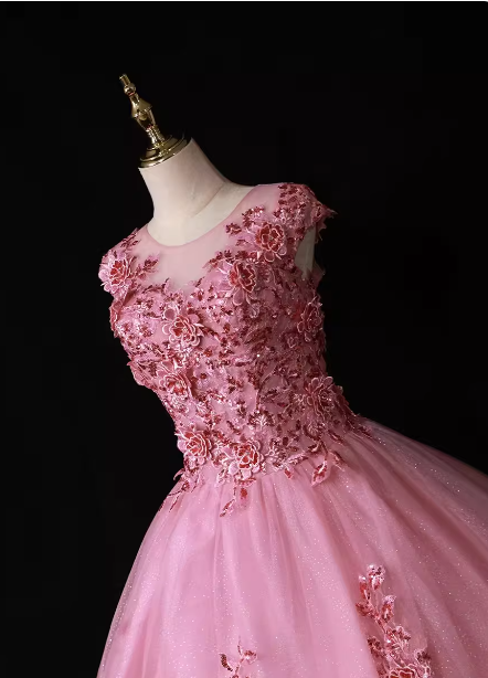Sweet Princess Pink Crew Neck Embroidered Tulle Long Prom Dress Evening Dress P4681