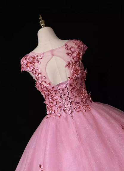 Sweet Princess Pink Crew Neck Embroidered Tulle Long Prom Dress Evening Dress P4681
