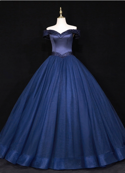 Elegant Navy Blue Off-the-Shoulder Beaded Satin Tulle Long Prom Dress Evening Dress P4682