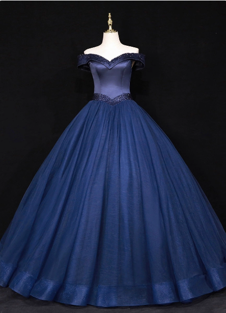 Elegant Navy Blue Off-the-Shoulder Beaded Satin Tulle Long Prom Dress Evening Dress P4682