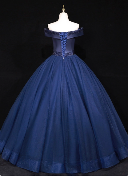Elegant Navy Blue Off-the-Shoulder Beaded Satin Tulle Long Prom Dress Evening Dress P4682