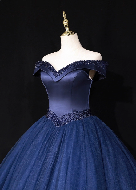 Elegant Navy Blue Off-the-Shoulder Beaded Satin Tulle Long Prom Dress Evening Dress P4682