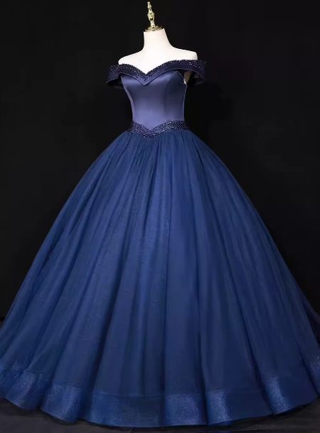 Elegant Navy Blue Off-the-Shoulder Beaded Satin Tulle Long Prom Dress Evening Dress P4682