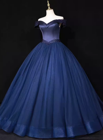 Elegant Navy Blue Off-the-Shoulder Beaded Satin Tulle Long Prom Dress Evening Dress P4682