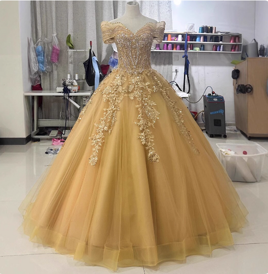Royal Champagne Gold Off-the-Shoulder Beaded Embroidered Tulle Long Prom Dress Evening Dress P4683
