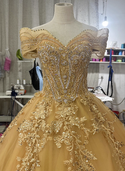 Royal Champagne Gold Off-the-Shoulder Beaded Embroidered Tulle Long Prom Dress Evening Dress P4683