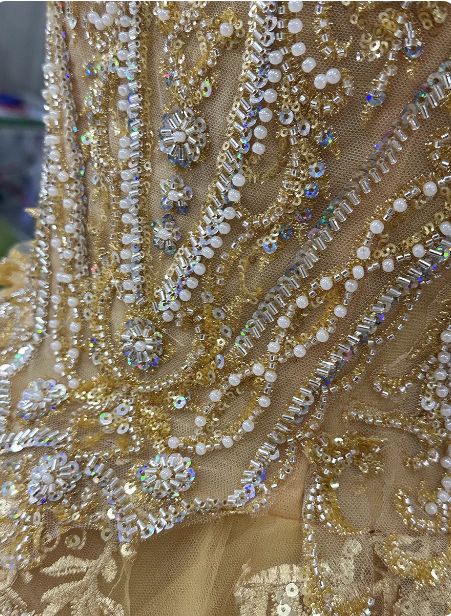 Royal Champagne Gold Off-the-Shoulder Beaded Embroidered Tulle Long Prom Dress Evening Dress P4683