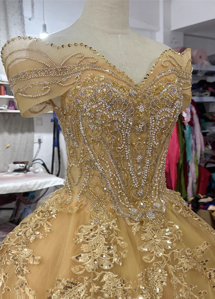 Royal Champagne Gold Off-the-Shoulder Beaded Embroidered Tulle Long Prom Dress Evening Dress P4683