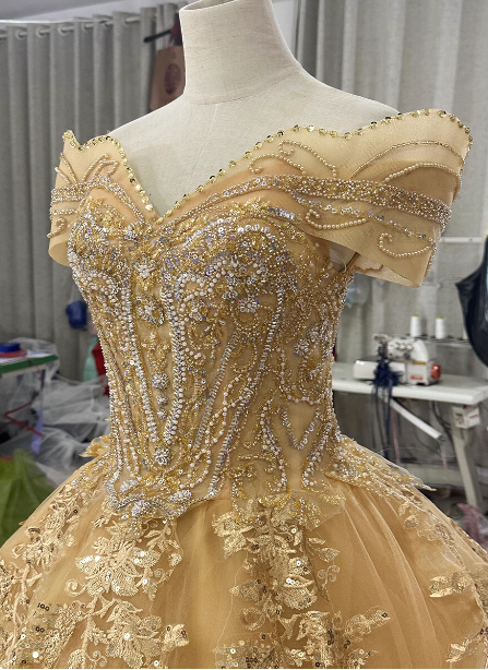 Royal Champagne Gold Off-the-Shoulder Beaded Embroidered Tulle Long Prom Dress Evening Dress P4683
