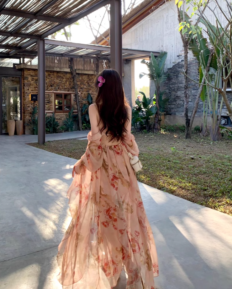 Fairy French floral suspender long dress beautiful holiday style v-neck wear backless dress R1754