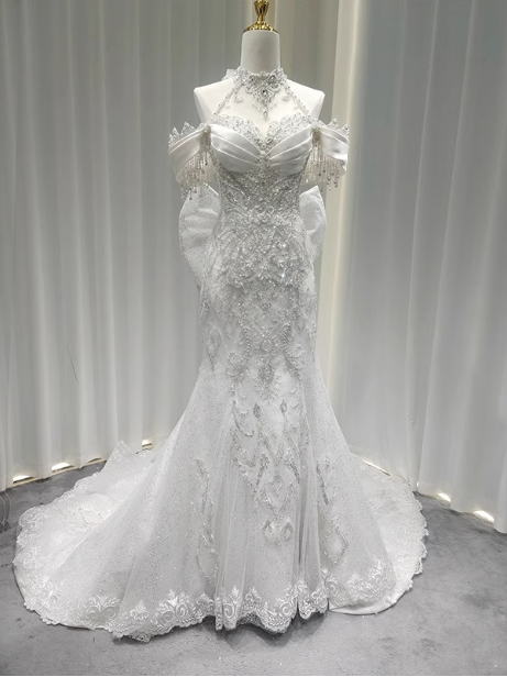 Elegant White Mermaid Train Halter Off-the-Shoulder Beaded Lace Tulle Prom Dress Evening Dress P4684