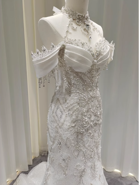 Elegant White Mermaid Train Halter Off-the-Shoulder Beaded Lace Tulle Prom Dress Evening Dress P4684