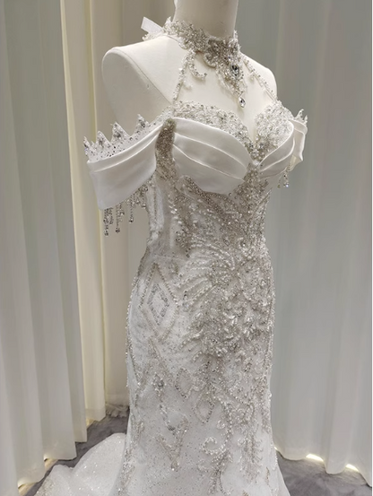 Elegant White Mermaid Train Halter Off-the-Shoulder Beaded Lace Tulle Prom Dress Evening Dress P4684