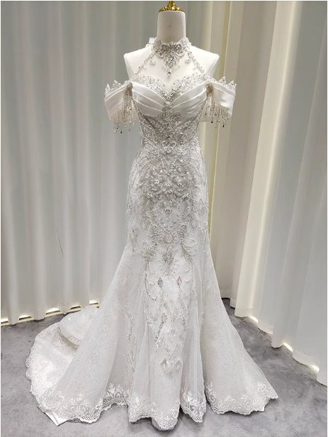 Elegant White Mermaid Train Halter Off-the-Shoulder Beaded Lace Tulle Prom Dress Evening Dress P4684