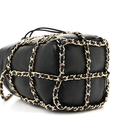 Lambskin Bucket Chain Drawstring Bag Black