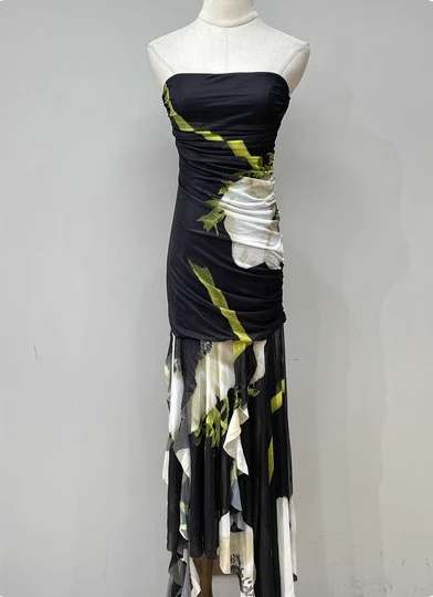 Vintage Black Base Floral Print Irregular Strapless Chiffon Long Prom Dress Evening Dress P4689