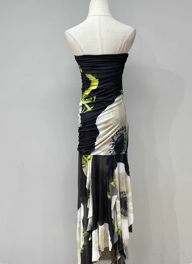 Vintage Black Base Floral Print Irregular Strapless Chiffon Long Prom Dress Evening Dress P4689