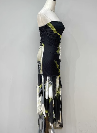 Vintage Black Base Floral Print Irregular Strapless Chiffon Long Prom Dress Evening Dress P4689