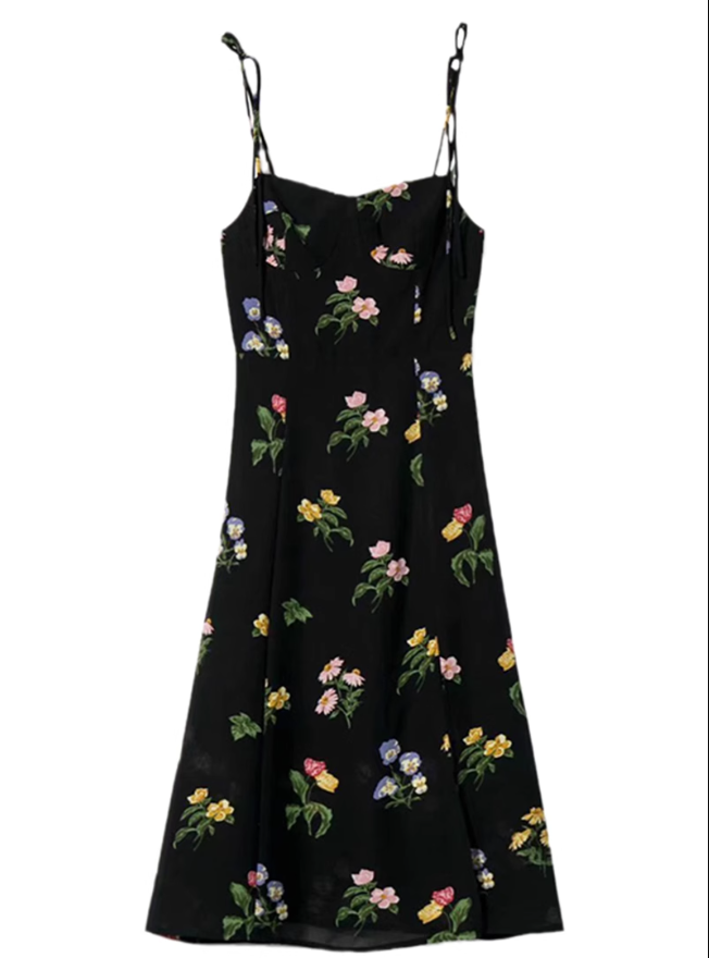 2025 summer new retro black floral waist slim sexy suspender dress R0917