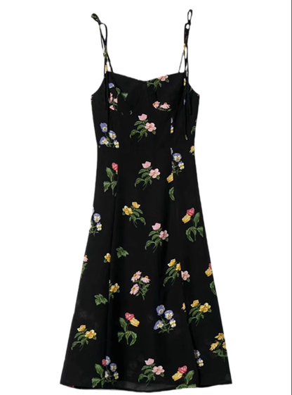 2025 summer new retro black floral waist slim sexy suspender dress R0917