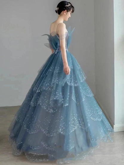 Vintage Blue Beaded Design Elegant A-Line Chiffon Tulle Evening Dress Prom Dress TP4121