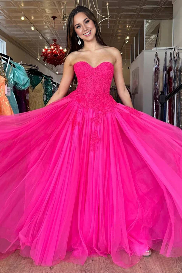 omberprom A-Line Graduation Dresses Hot Pink Tulle Lace StraplessLong Prom Dress