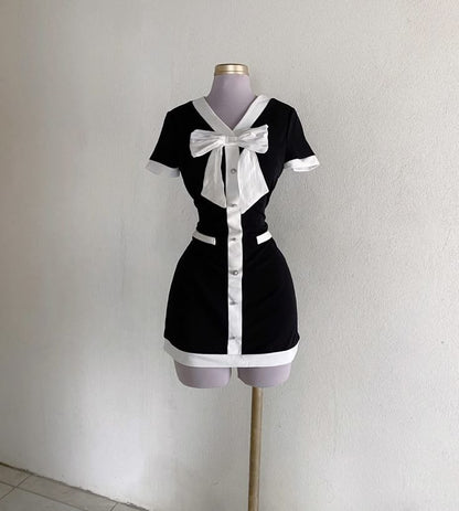Black short skirt V-neck bow slim skirt homecoming dress R2509