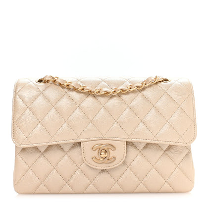Metallic Caviar Quilted Small Double Flap Beige