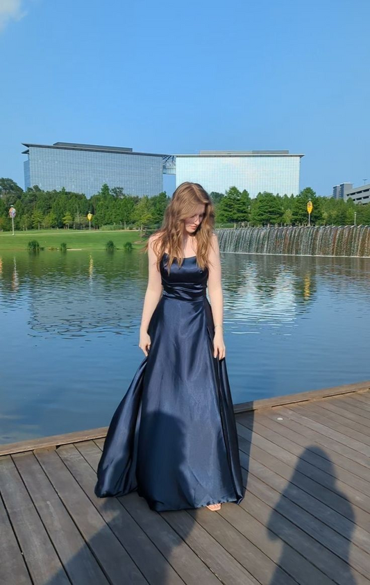 Elegant A Line Navy Blue Satin Long Prom Dresses Formal Dress Outfits