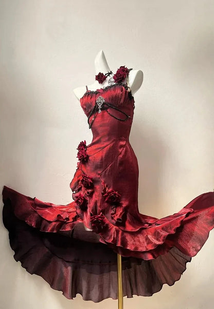 Beautiful Burgundy Spaghetti Strap 3D Rosette Detachable Flounce Sleeves Design Satin Prom Dress Evening Dress TP2764