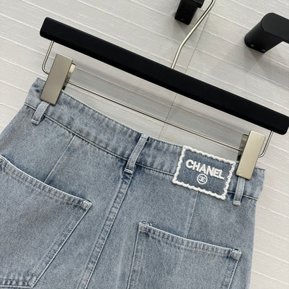 CC 25 Single-breasted Short Skirt Light Blue Denim Cotton