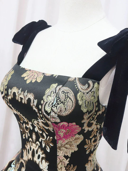 Vintage Floral Applique Spaghetti Strap Design A-line Satin Party Dress Homecoming Dress TP4074
