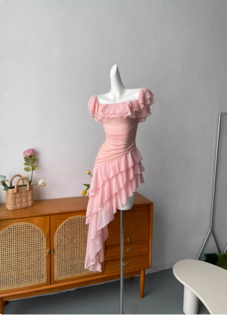 Sweet Pink Square Neck Ruffle Irregular Chiffon Long Prom Dress Evening Dress P4690