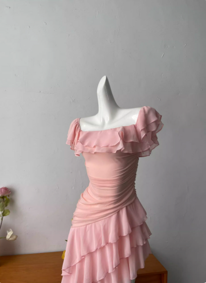 Sweet Pink Square Neck Ruffle Irregular Chiffon Long Prom Dress Evening Dress P4690