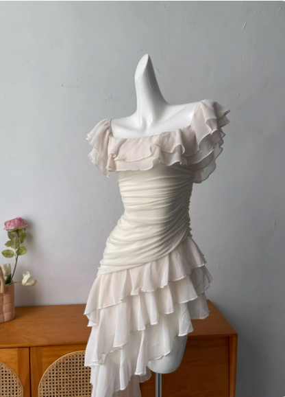 Sweet Pink Square Neck Ruffle Irregular Chiffon Long Prom Dress Evening Dress P4690