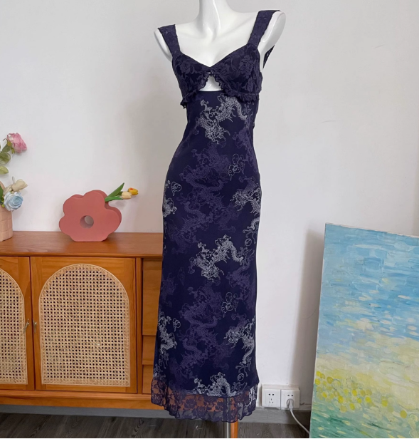 Vintage Navy Blue Spaghetti Strap Printed Lace Tulle Long Prom Dress Evening Dress P4691