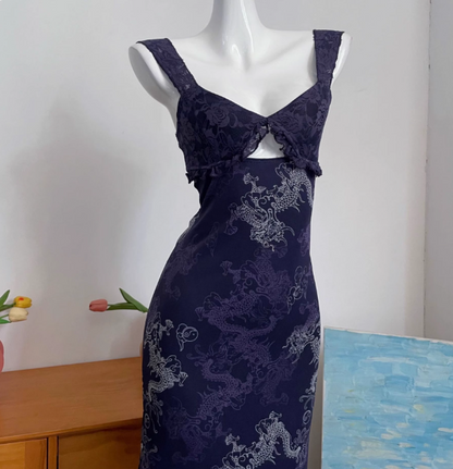 Vintage Navy Blue Spaghetti Strap Printed Lace Tulle Long Prom Dress Evening Dress P4691
