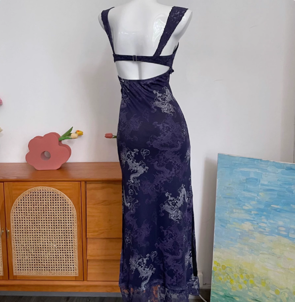 Vintage Navy Blue Spaghetti Strap Printed Lace Tulle Long Prom Dress Evening Dress P4691