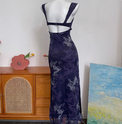 Vintage Navy Blue Spaghetti Strap Printed Lace Tulle Long Prom Dress Evening Dress P4691