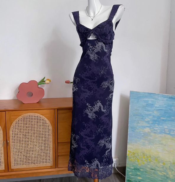 Vintage Navy Blue Spaghetti Strap Printed Lace Tulle Long Prom Dress Evening Dress P4691