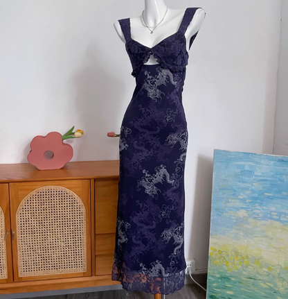 Vintage Navy Blue Spaghetti Strap Printed Lace Tulle Long Prom Dress Evening Dress P4691